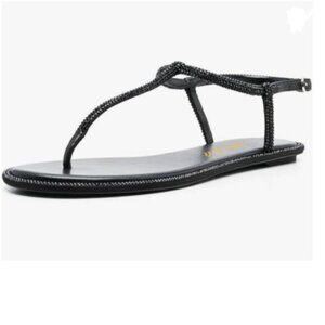 miss left Black Rhinestone T-Strap Thong Sandals Open Clip Toe Flip Flops Shoes